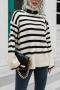 casual slight stretch stripe knitted two colors turtleneck loose sweater_Black_Beige